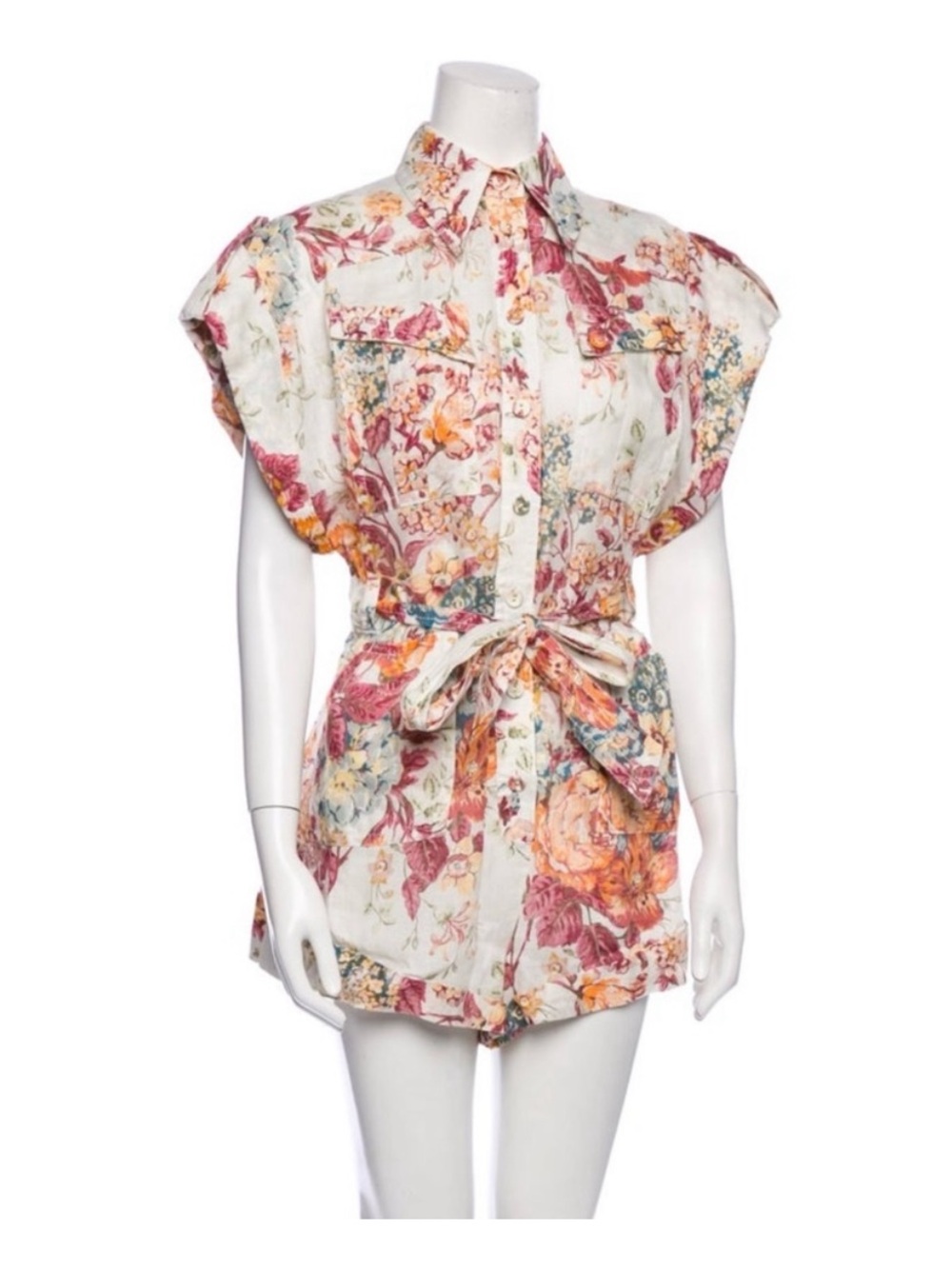 Zimmermann Floral Button-Front Romper in Cream, Rose and Orange